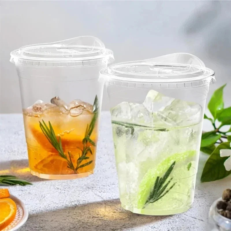 20pcs Disposable PET Cups with Lids, 12/16oz Leak-Proof Degradable Plastic Cups for Iced Coffee, Smoothies, Milkshakes & Cold Drinks