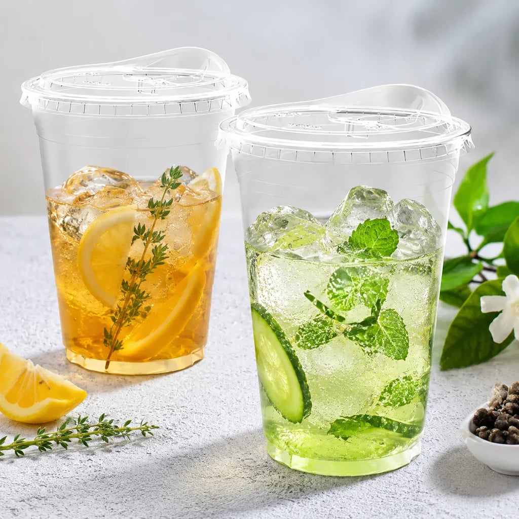 20pcs Disposable PET Cups with Lids, 12/16oz Leak-Proof Degradable Plastic Cups for Iced Coffee, Smoothies, Milkshakes & Cold Drinks