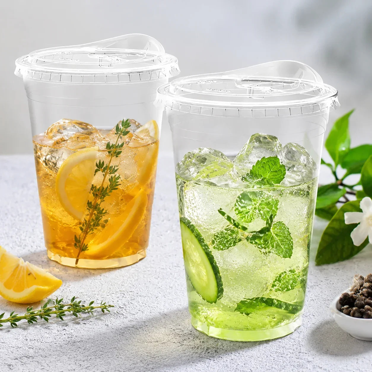 20pcs Disposable PET Cups with Lids, 12/16oz Leak-Proof Degradable Plastic Cups for Iced Coffee, Smoothies, Milkshakes & Cold Drinks