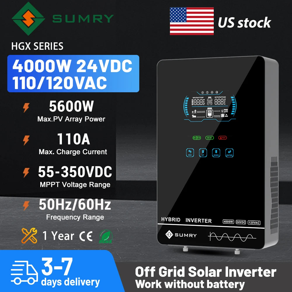 SUMRY 4KW 6KW 120V Off Grid Solar Inverter 24V 140A 5600W MPPT Charger Pure Sine Wave Home Inverter 6.25 Inch LCD Display