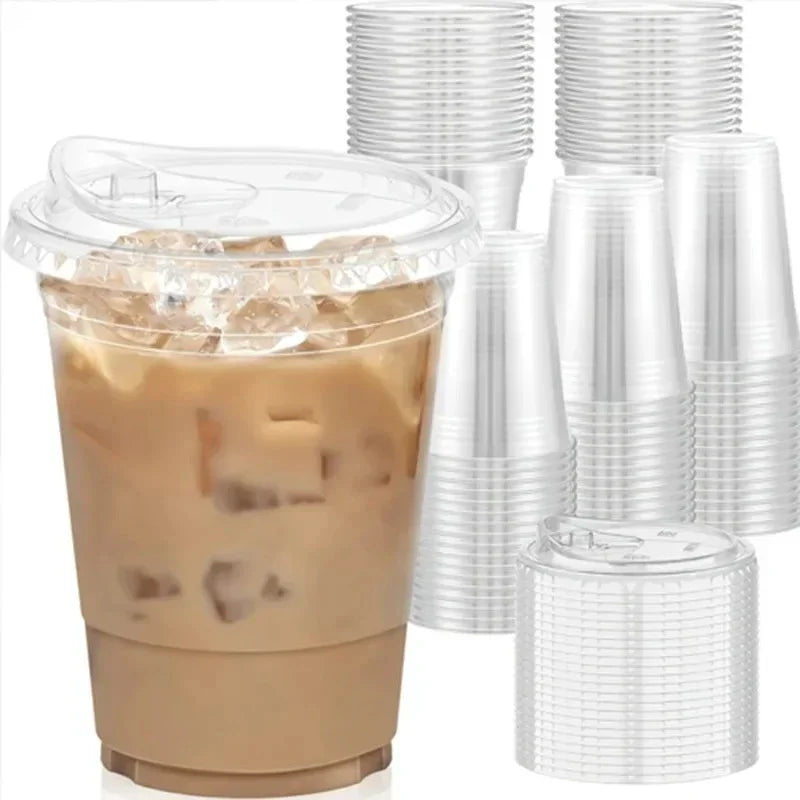 20pcs Disposable PET Cups with Lids, 12/16oz Leak-Proof Degradable Plastic Cups for Iced Coffee, Smoothies, Milkshakes & Cold Drinks