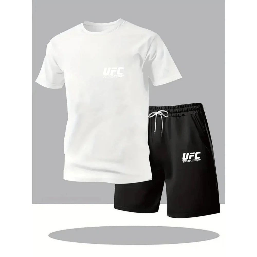 New summer fitness sportswear for men, short-sleeved T-shirt and shorts two-piece set, breathable and quick-drying casual wear.