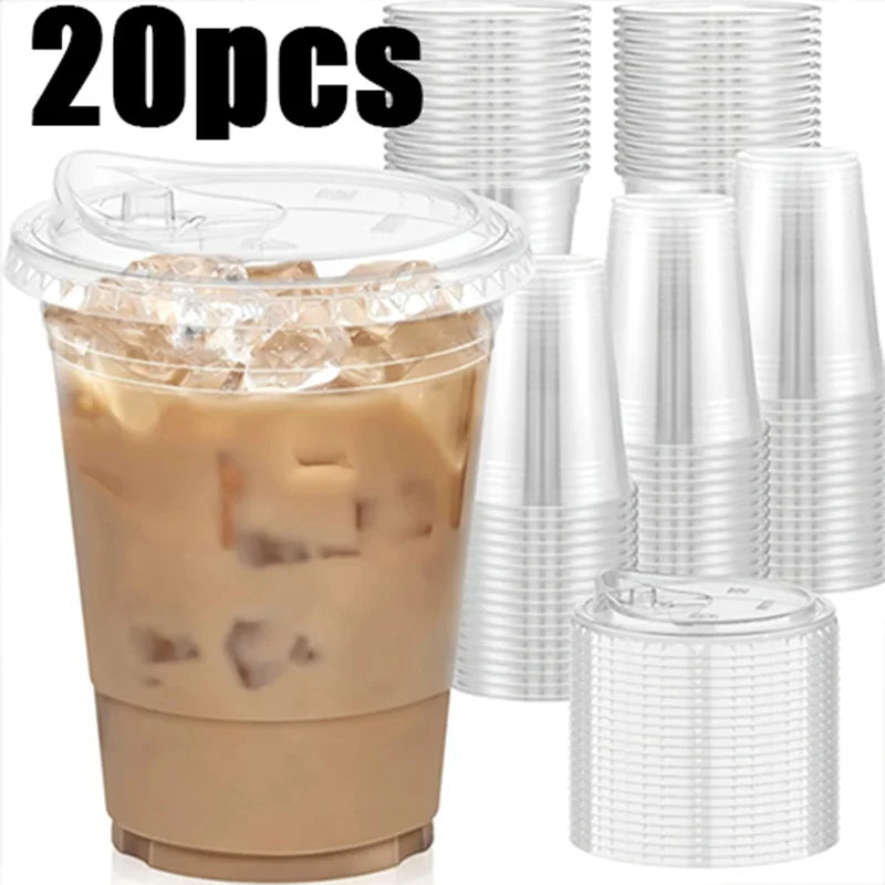 20pcs Disposable PET Cups with Lids, 12/16oz Leak-Proof Degradable Plastic Cups for Iced Coffee, Smoothies, Milkshakes & Cold Drinks